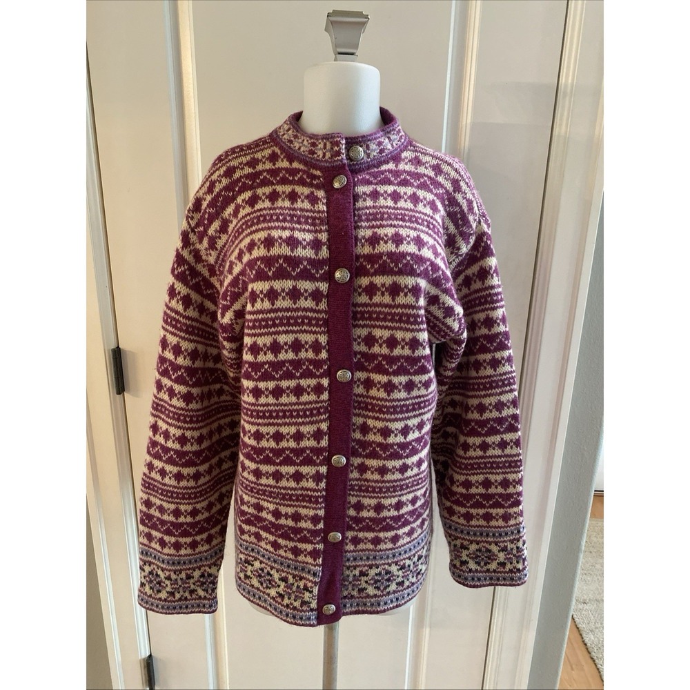 Vintage 80s LL Bean Wool Blend Knit Nordic Fair Isle Cardigan Sweater -Size XL